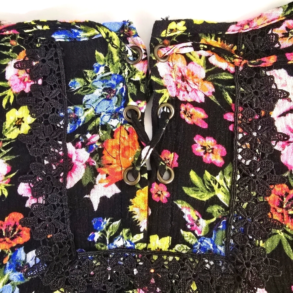 Floral Sz XL Black Lace Sleeve Tie Cottagecore Grommet Women Shirt Elastic Waist - Picture 10 of 13
